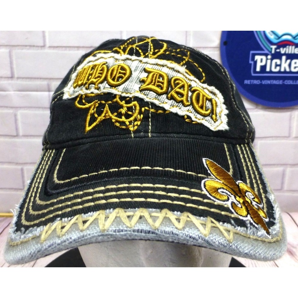 Who Dat New Orleans Saints Embroidered Baseball Cap Black & Gold Fleur-De-Lis Di